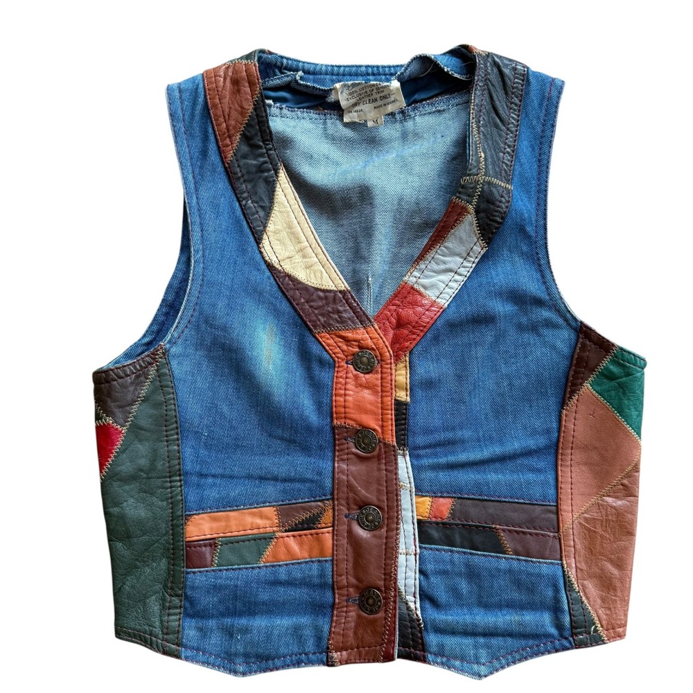Vintage‎ 70s Aura Denim Leather Patchwork 2 Piece Set Vest Flare Pants M 13/14 - Picture 3 of 12